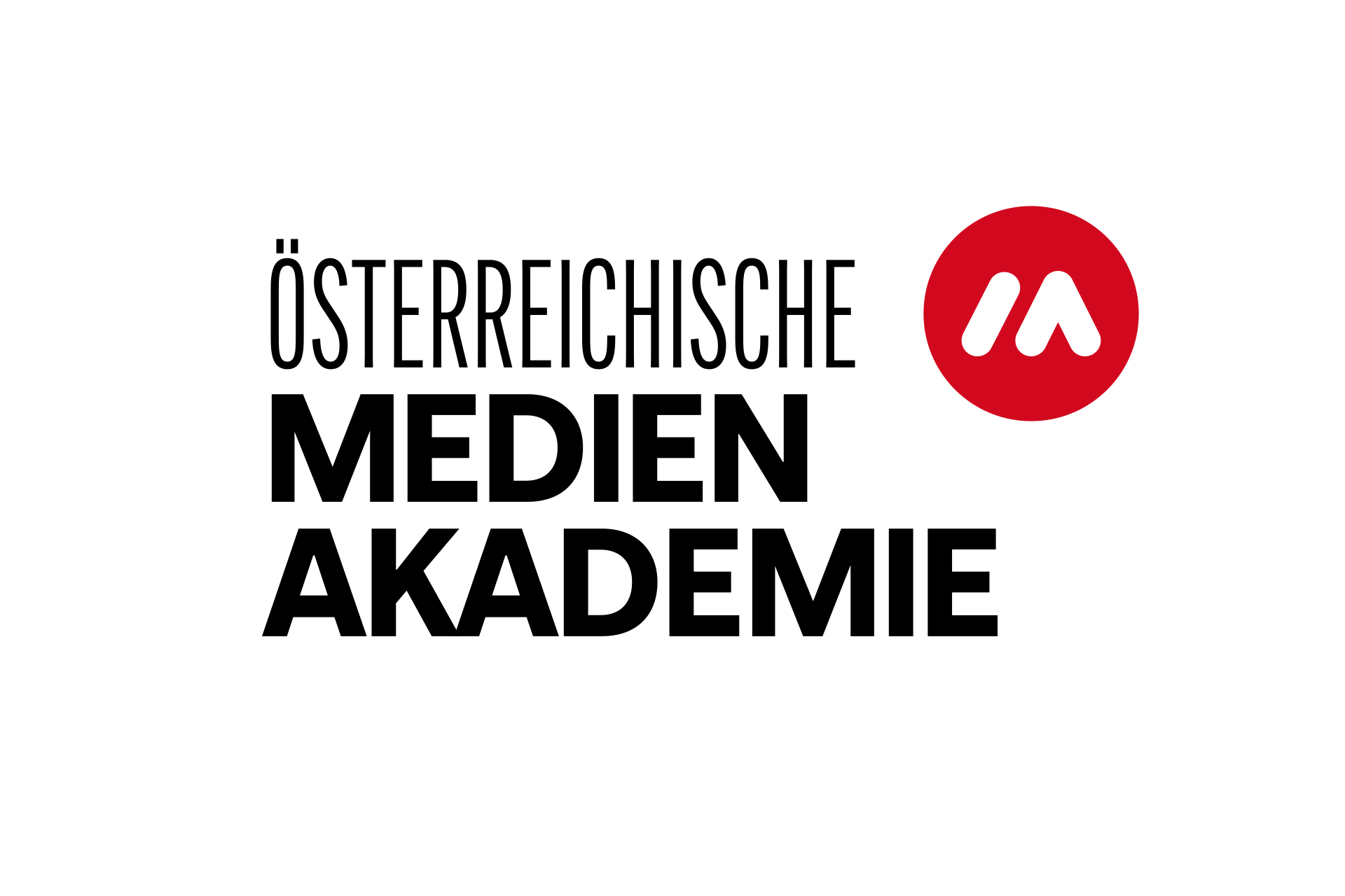 Das Logo der Österreichischen Medienakademie: Schwarze Schrift und rotes Icon auf weißen Hintergrund